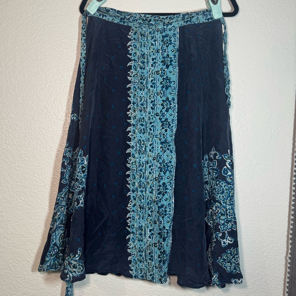 Talbots Navy and Teal Panel Wrap 100% silk Skirt